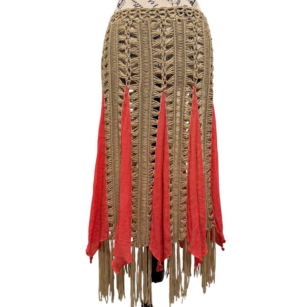 Coco + Carmen Crochet Knit Fringe Skirt One Size Coral Coral Pink Boho Coastal